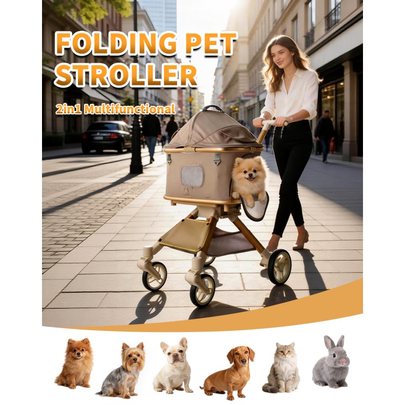 SteAnny Stroller for Dog&Cat,Pet Stroller with 4-Wheels Up to 55lbs, 2-in-1Removable Carrier(Khaki) Coupon Code: USD90