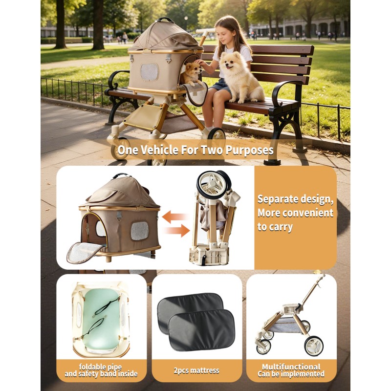 SteAnny Stroller for Dog&Cat,Pet Stroller with 4-Wheels Up to 55lbs, 2-in-1Removable Carrier(Khaki) Coupon Code: USD90
