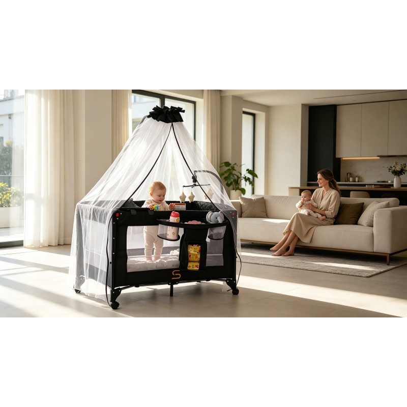 Pack n Play,Playard With Bassinet,Foldble Bedside Sleep 4Wheels,Mosquito Net,Changing Table,Toys Bar with Music