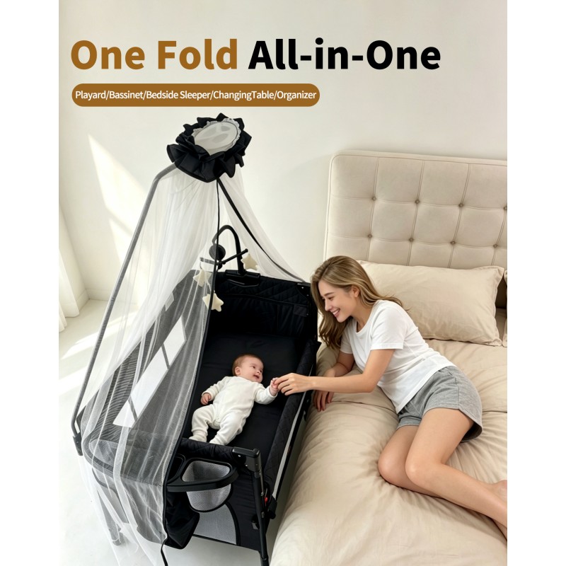 Pack n Play,Playard With Bassinet,Foldble Bedside Sleep 4Wheels,Mosquito Net,Changing Table,Toys Bar with Music