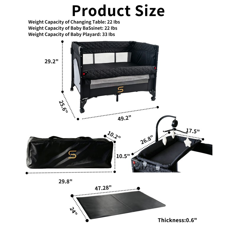 Pack n Play,Playard With Bassinet,Foldble Bedside Sleep 4Wheels,Mosquito Net,Changing Table,Toys Bar with Music