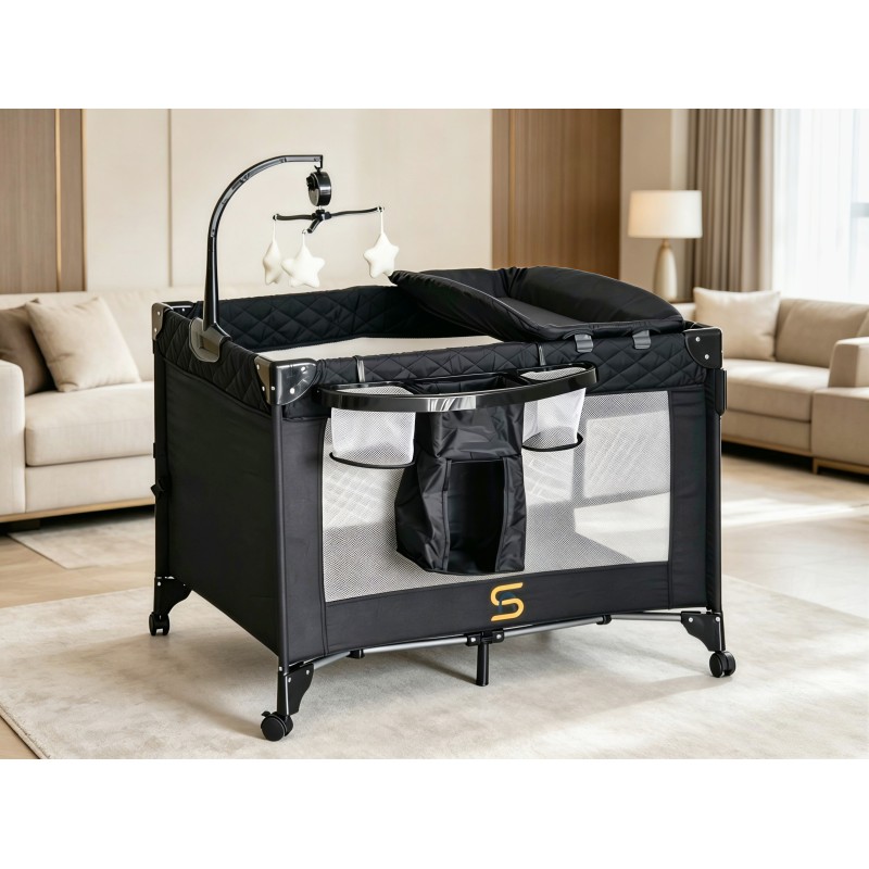 Pack n Play,Playard With Bassinet,Foldble Bedside Sleep 4Wheels,Mosquito Net,Changing Table,Toys Bar with Music