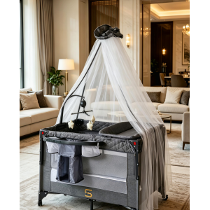 Pack n Play,Playard With Bassinet,Foldble Bedside Sleep 4Wheels,Mosquito Net,Changing Table,Toys Bar with Music
