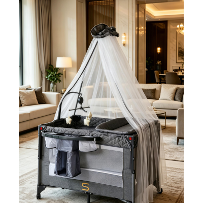 Pack n Play,Playard With Bassinet,Foldble Bedside Sleep 4Wheels,Mosquito Net,Changing Table,Toys Bar with Music