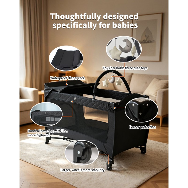 Pack 'n Play, Foldable Playard with Wheels & Changing Table, Suitable for Newborns to Toddlers( black)